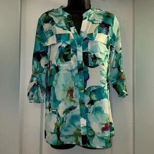 Calvin Klein Womens Green Multi Floral Utility Long Sleeve Button-Up Shirt